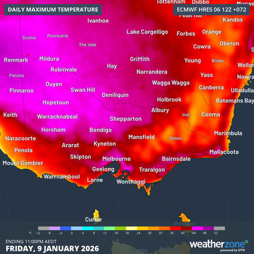 Forecast maximum temperature over Vic on Friday, January 9, 2026.