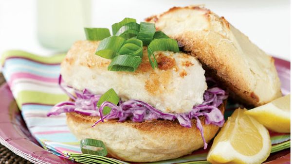 Fish burgers with wasabi coleslaw