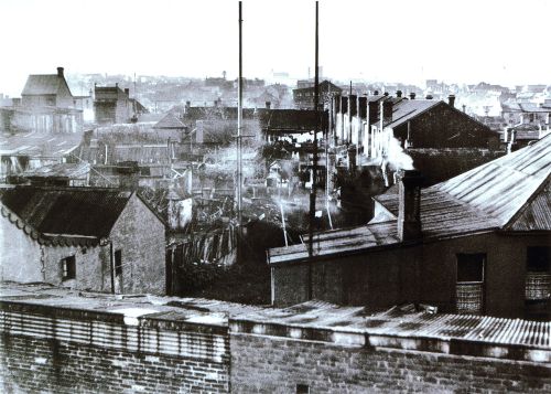 View across Erskineville backyards showing sewer venting pipes and washing on clothes lines in 1936. 