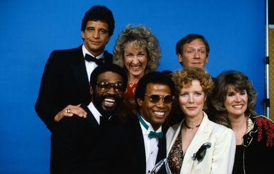 The cast of the television program Hill Street Blues poses after winning a People's Choice Award for favorite TV drama. 
