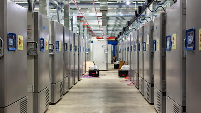 This photo provided by Pfizer shows part of a "freezer farm," a football field-sized facility for storing finished COVID-19 vaccines, under construction in Kalamazoo, Michigan. Pfizer's experimental vaccine requires ultracold storage, at about -70°C.  (Jeremy Davidson/Pfizer via AP)