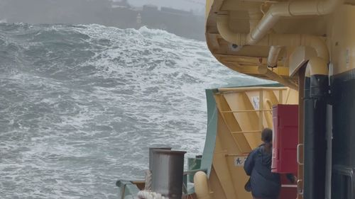 Manly ferry faces off with massive wave earlier today