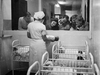 Vintage baby names are making a comeback. Photo taken in 1956 at the Maternity Ward of the North Shore Hospital in Sydney. (Photo by Dennis Rowe/BIPs/Getty Images)