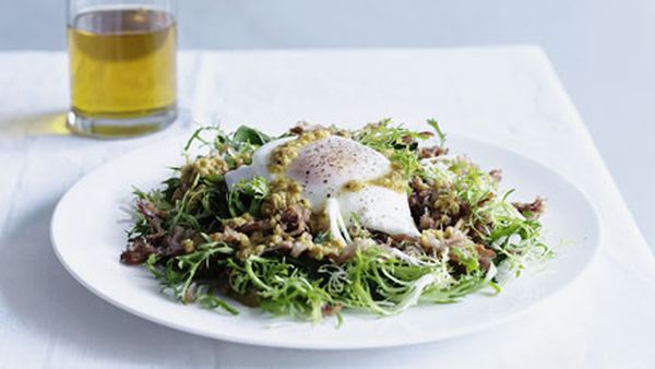 Rillettes, bitter greens and poached egg salad with garlic vinaigrette