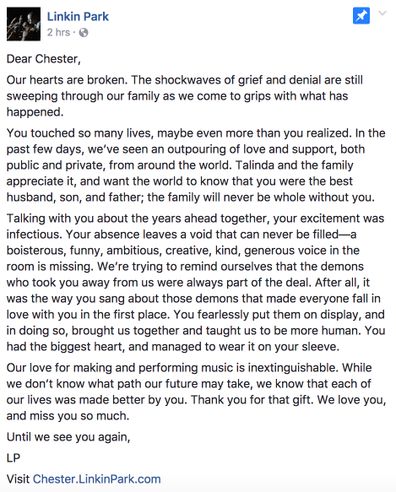 Chester bennington suicide letters
