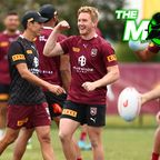 Tom Dearden celebrates during a Queensland Maroons training session.