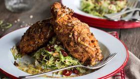 Preztel chicken with Brussels sprout and cranberry salad