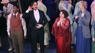 Jared Grimes, from left, Ramin Karimloo, Beanie Feldstein and Jane Lynch