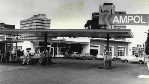 A 1977 photo of the Ampol Service Station located on Pacific Highway, in Chatswood, Sydney.