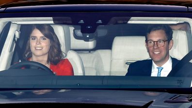 Princess Eugenie and Jack Brooksbank attend a Christmas lunch for members of the Royal Family hosted by Queen Elizabeth II at Buckingham Palace on December 18, 2019 in London, England