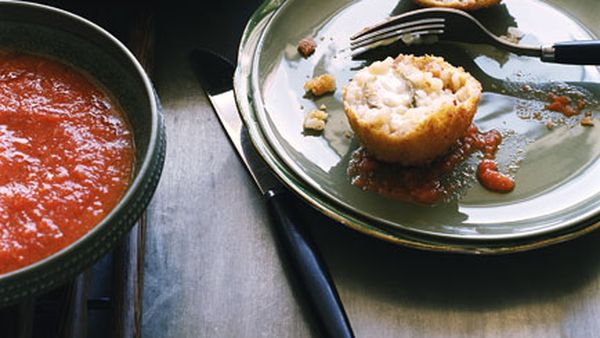 Olive and Taleggio arancini with fresh tomato sauce