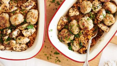Recipe: <a href="https://kitchen.nine.com.au/2016/07/28/14/51/baked-chicken-and-sausage-with-aioli" target="_top">Baked chicken and sausage</a>