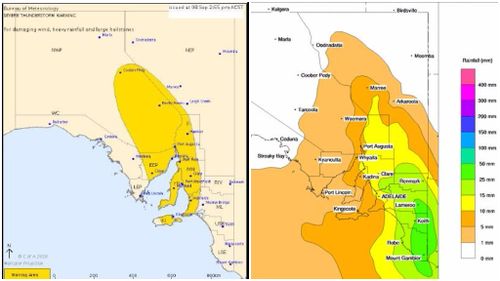 BoM has issued a severe thunderstorm warning for several areas (left), while up to 50mm of rainfall (right) is expected in some areas. (Bureau of Meteorology)