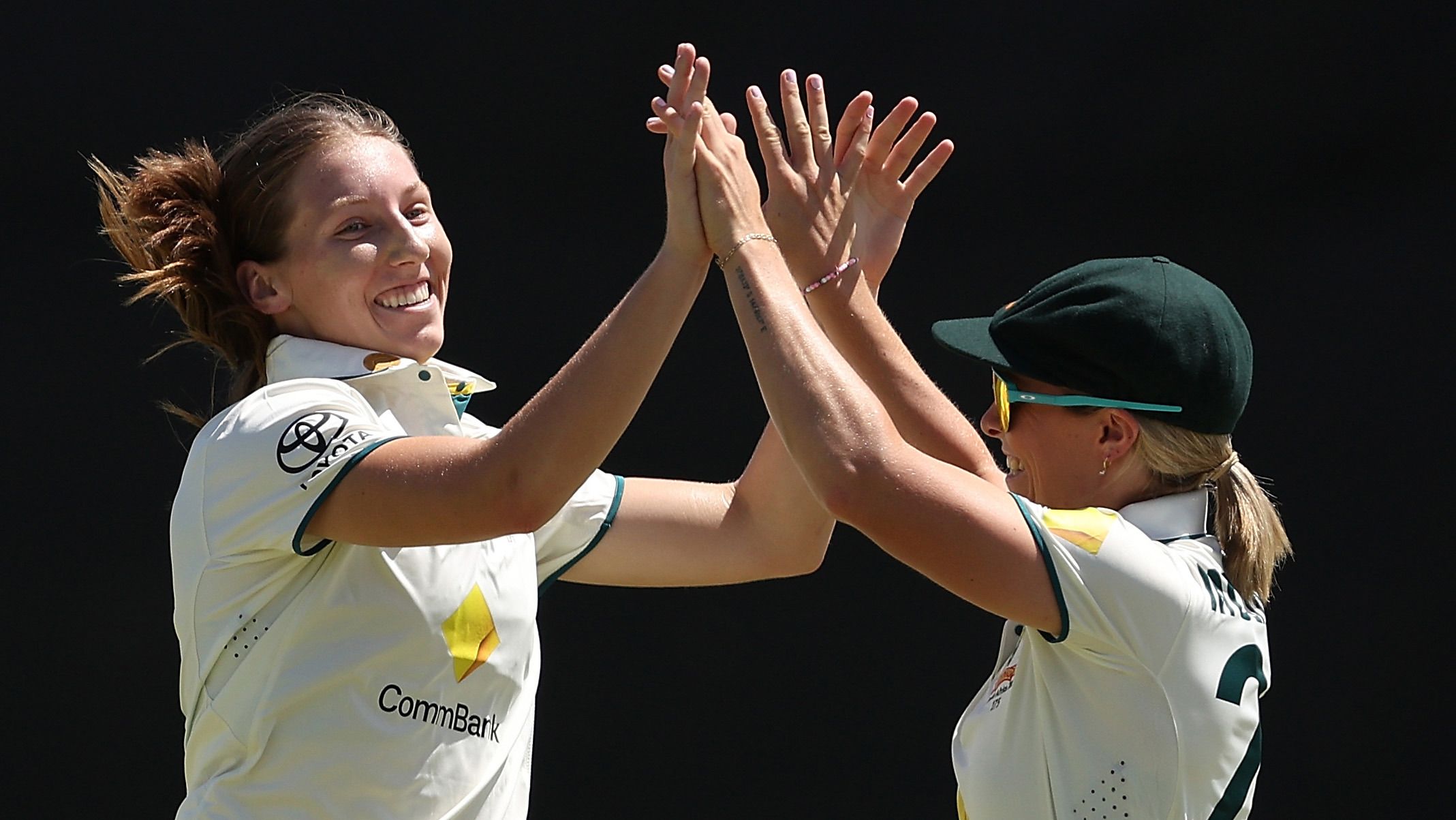 Darcie Brown of Australia celebrates the wicket of Anneke Bosch of South Africa during day one of the Women&#x27;s Test Match between Australia and South Africa at the WACA.