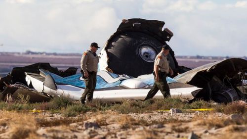 The wreckage near the site where a Virgin Galactic space tourism rocket exploded and crashed in November 2014. (AAP).