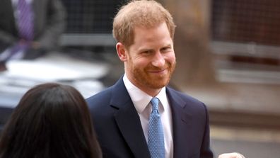 Prince Harry, Duke of Sussex and Meghan, Duchess of Sussex gesture during their visit to Canada House in thanks for the warm Canadian hospitality and support they received during their recent stay in Canada, on January 7, 2020 in London