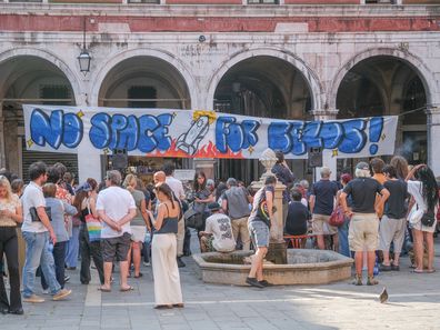"No Space For Bezos" activists gathered in Campo San Giacomo di Rialto to organise protests against the wedding of Jeff Bezos and Lauren Sanchez to be held in Venice from 26-28 June 2025 on June 13, 2025 in Venice, Italy. 