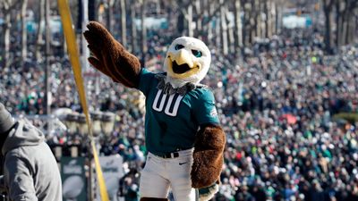 Philadelphia Eagles mascot "Swoop" reacts with the fans behind him in front of the the Philadelphia Museum of Art. (AAP)