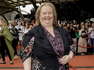 Magda Szubanski arrives at State Memorial Service for Olivia Newton-John at Hamer Hall on February 26, 2023 in Melbourne, Australia. 