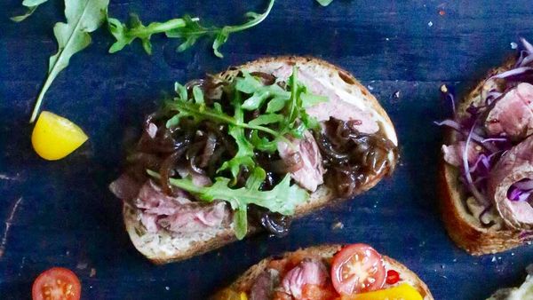 Steak sandwich with aioli, rocket and caramelised onion courtesy of Jacquline Alwill for BeefandLamb.com.au