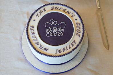A cake to celebrate the start of the Platinum Jubilee during a reception in the Ballroom of Sandringham House on February 5, 2022 in King's Lynn, England. 