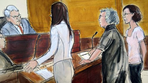 In this courtroom drawing, Clare Bronfman, right, is arraigned at federal court in New York, Tuesday, July 24, 2018. (AAP)