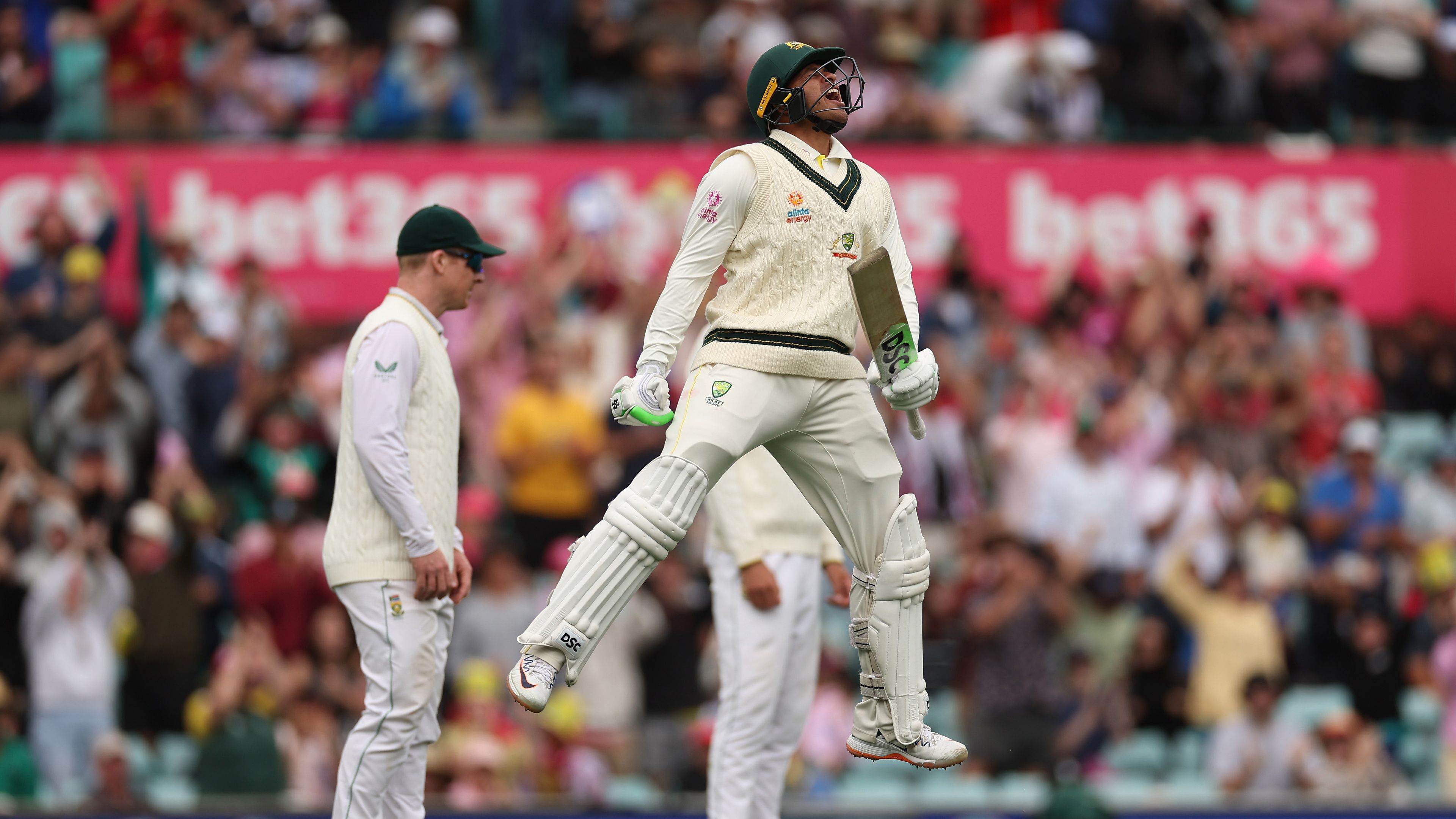  Usman Khawaja of Australia celebrates his century during day two of the Second Test match in the series between Australia and South Africa at Sydney Cricket Ground on January 05, 2023 in Sydney, Australia. (Photo by Cameron Spencer/Getty Images)