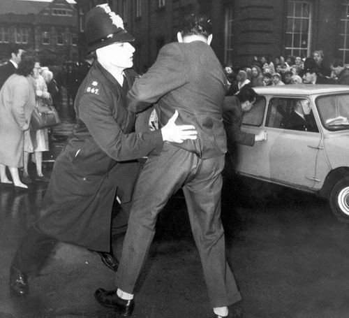 Angry scenes outside Manchester Crown Court during the 1966 trial of Brady and Hindley.