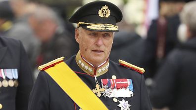 King Harald V of Norway leave the Notre Dame cathedral after attending at the funeral of the Grand Duke Jean of Luxembourg, in Luxembourg (Photo: May 2019)