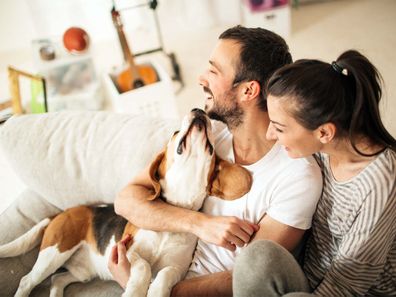 Couple snuggling with dog
