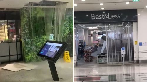 The roof at Westfield Mt Druitt collapsed, sending water gushing down into the shops (left) and caving in ceilings (right). sydney storm