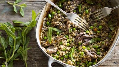 Recipe: <a href="http://kitchen.nine.com.au/2017/08/03/12/39/lamb-shanks-with-barley-garden-peas-and-mint" target="_top">Lamb shanks with barley, garden peas and mint</a><br />
<br />