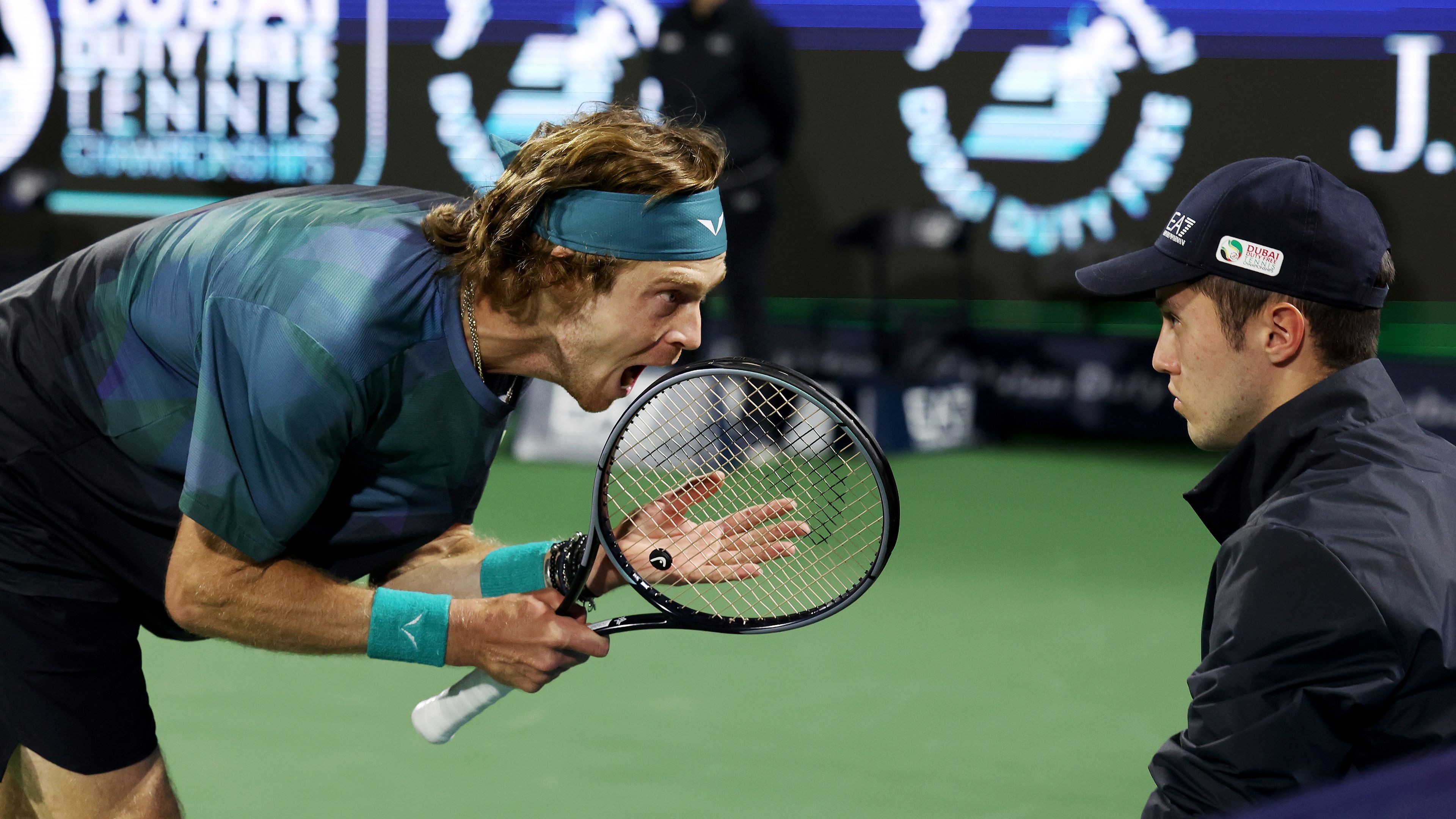 Andrey Rublev shouts at line judge while playing against Alexander Bublik of Kazakhstan in their semifinal match during the Dubai Duty Free Tennis Championships at Dubai Duty Free Tennis Stadium on March 01, 2024 in Dubai, United Arab Emirates. (Photo by Christopher Pike/Getty Images)