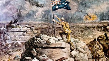 The painting by Alfred Pearse showing Australian Lieutenant Arthur Hull planting the flag on a captured enemy bunker in 1917.