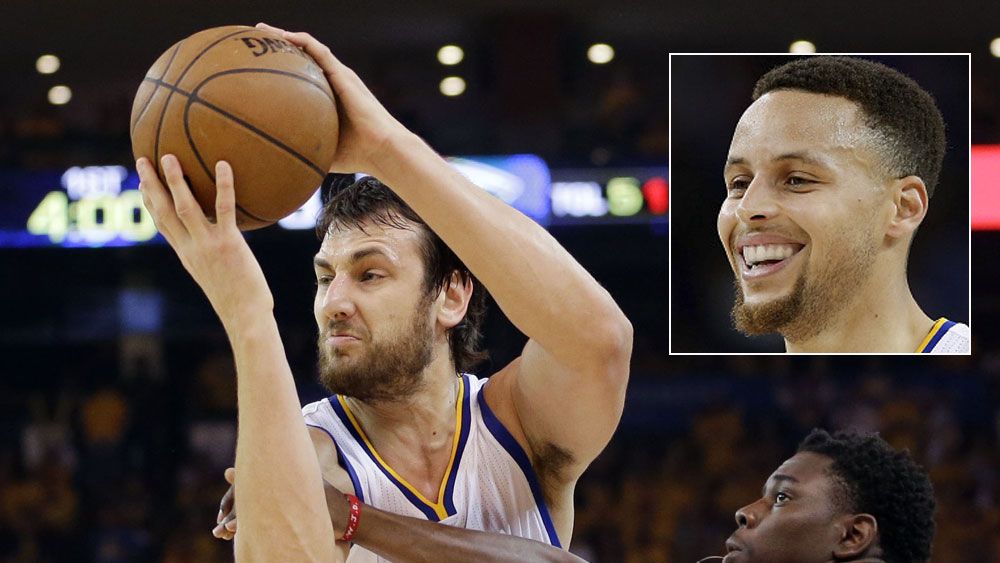 Andre Bogut and (inset) Steph Curry. (AAP and Getty)