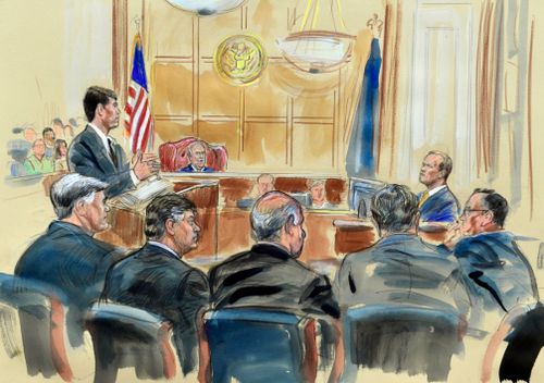 This courtroom sketch depicts Rick Gates, right, answering questions by prosecutor Greg Andres as he testifies in the trial of Paul Manafort, seated second from left, at the Alexandria Federal Courthouse in Alexandria, Virginia. (AP/AAP)
