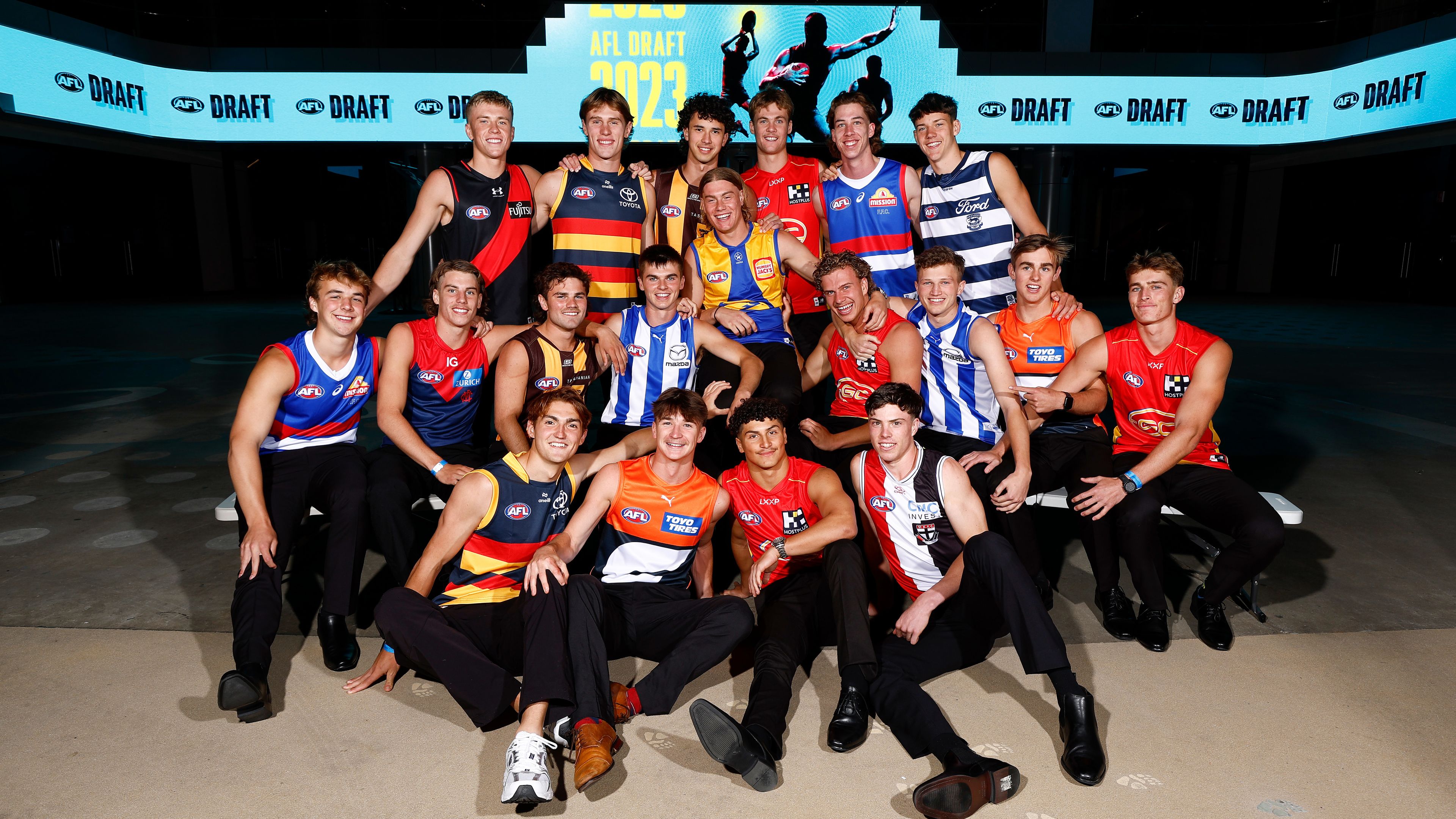 MELBOURNE, AUSTRALIA - NOVEMBER 20: The 2023 first-round draft picks are seen during the 2023 AFL Draft at Marvel Stadium on November 20, 2023 in Melbourne, Australia. (Photo by Michael Willson/AFL Photos via Getty Images)