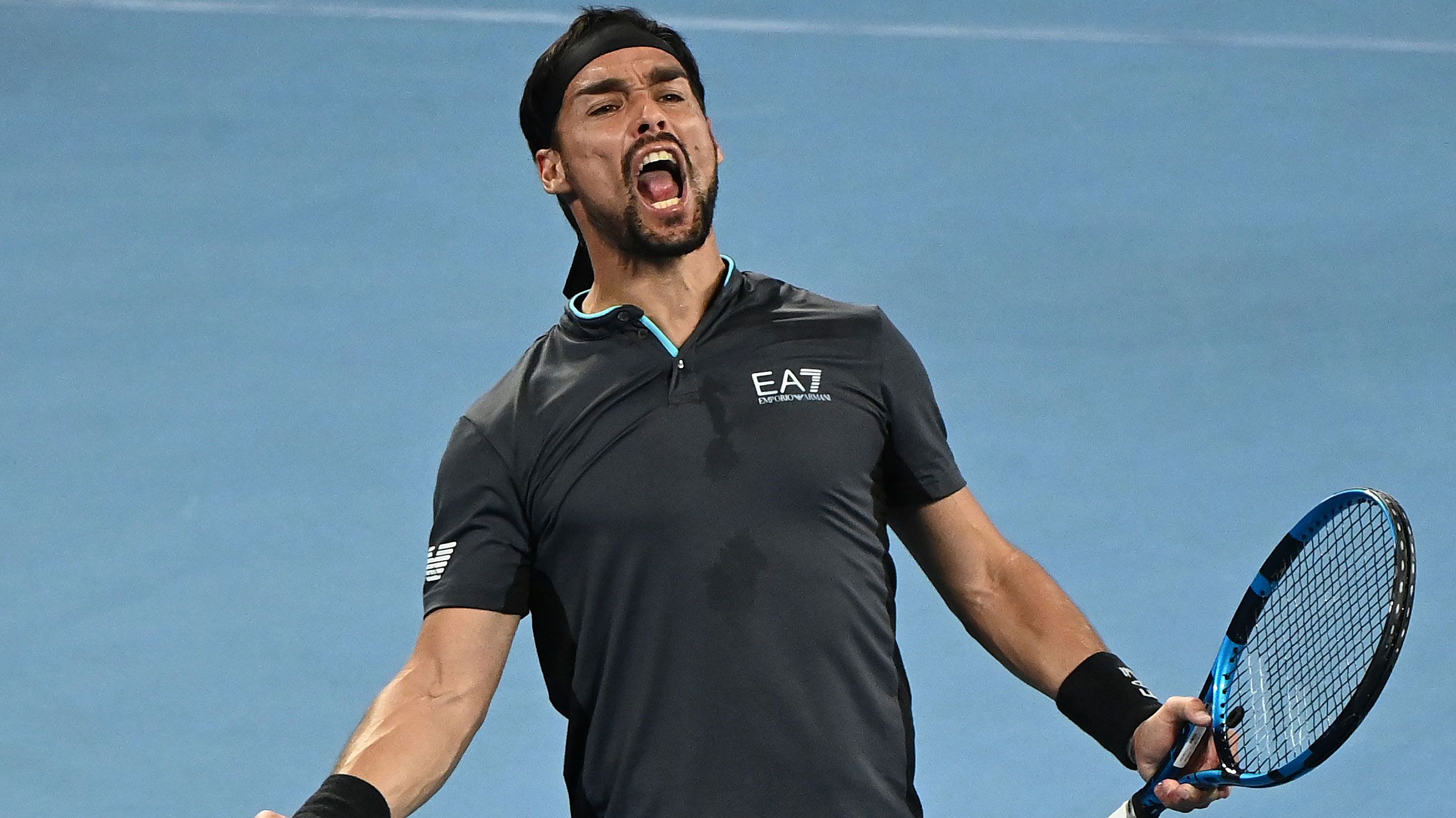 Italian star Fabio Fognini celebrates his win over Salvatore Caruso.