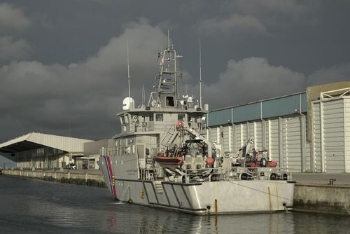 A view of one of the ships of the French Gendarmerie Nationale in the port of Boulogne-Sur-Mer, France, Tuesday, Sept. 3, 2024, after taking part in the rescue operation after a boat carrying migrants was torn apart while attempting to cross the English Channel. (AP Photo/Nicolas Garriga)