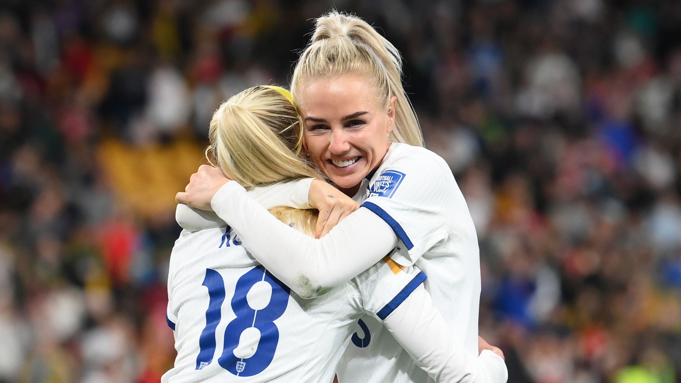 BRISBANE, AUSTRALIA - AUGUST 07: Chloe Kelly (L) of England celebrates with teammate Alex Greenwood (R) after scoring her team&#x27;s fifth and winning penalty in the penalty shoot out  during the FIFA Women&#x27;s World Cup Australia &amp; New Zealand 2023 Round of 16 match between England and Nigeria at Brisbane Stadium on August 07, 2023 in Brisbane / Meaanjin, Australia. (Photo by Bradley Kanaris/Getty Images)