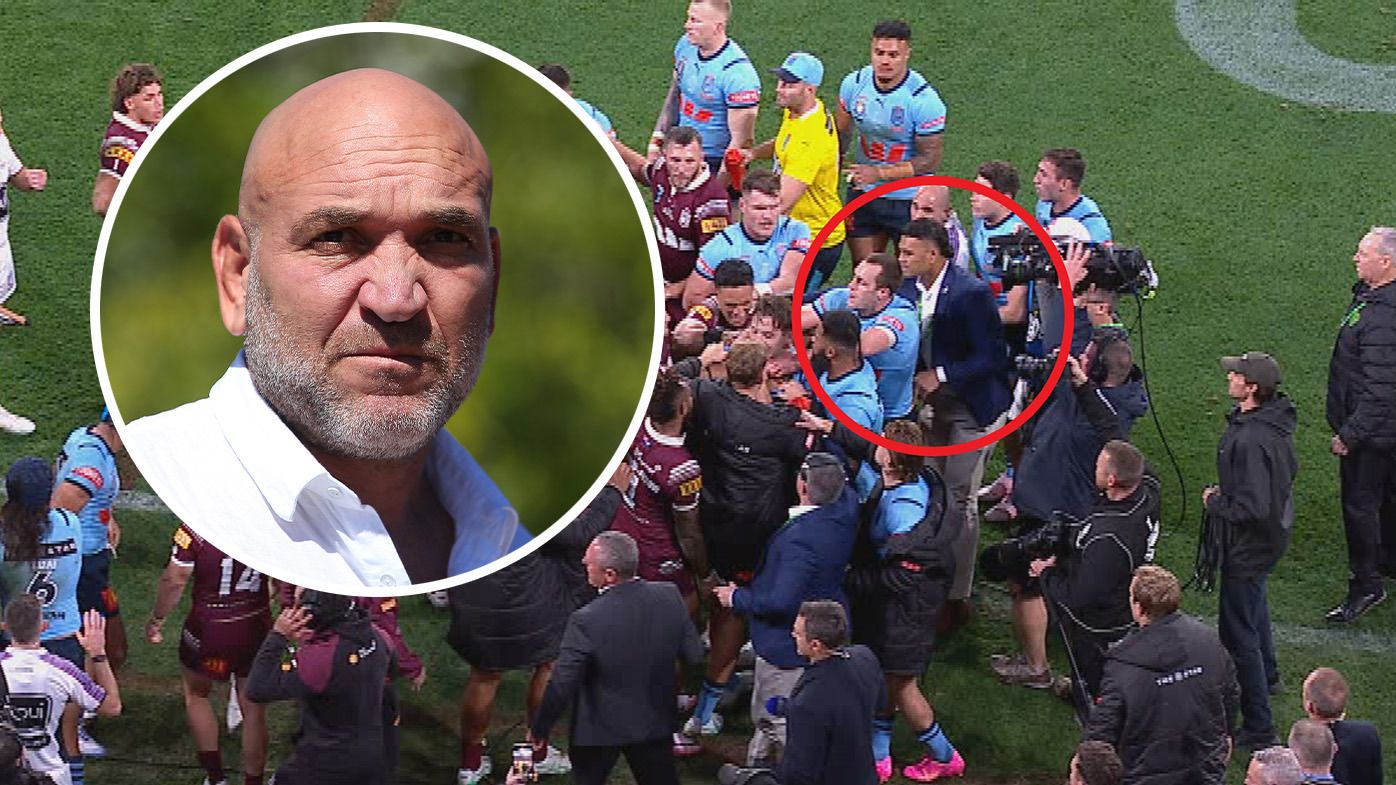Gorden Tallis and the melee during the third State of Origin match at Suncorp Stadium.