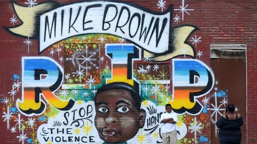 A memorial to St Louis's Mike Brown, who was shot by police in 2014. (AAP)