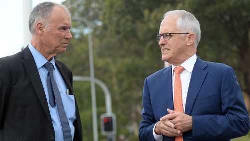 John Alexander and Malcolm Turnbull campaigning in Macquarie Park today. (AAP)