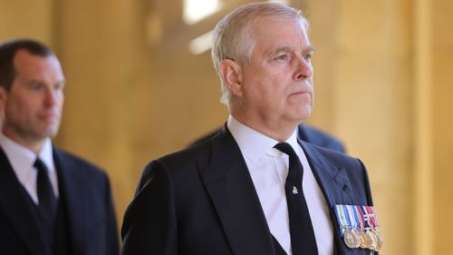 Peter Phillips and Prince Andrew, Duke of York during the funeral of Prince Philip, Duke of Edinburgh at Windsor Castle on April 17, 2021 in Windsor, England