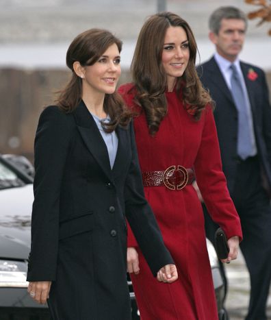 Crown Princess Mary of Denmark (L) and Catherine, Duchess of Cambridge (R) arrive for a visit to the UNICEF emergency supply centre on November 2, 2011 in Copenhagen, Denmark 