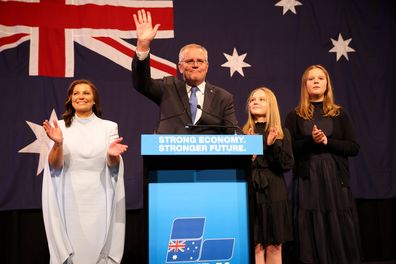 Prime Minister of Australia Scott Morrison, flanked by his wife Jenny Morrison and daughters Lily Morrison and Abbey Morrison concedes defeat following the results of the Federal Election during the Liberal Party election night event at the Fullerton Hotel on May 21, 2022 in Sydney, Australia.  