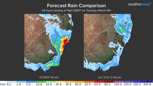 ECMWF (left) and Access- G (right) 24 hour forecast rainfall to 11pm AEDT on Tuesday, March 8.