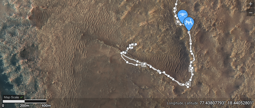 This map provided by NASA is updated each day with Perseverance's location. It also show the rover's landing site and the location of the Mars Helicopter, which was carried by Perseverance.