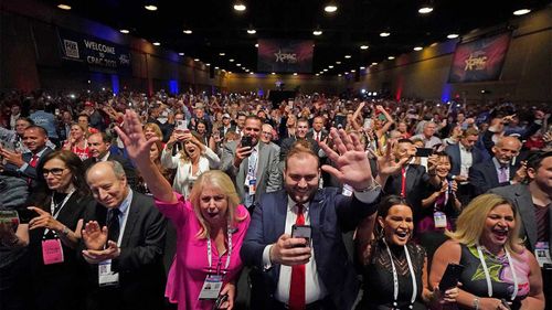 A crowd of Trump fans gathered to hear him speak earlier this month.