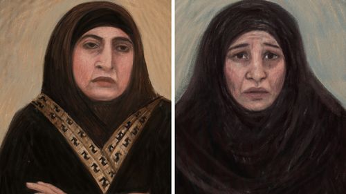 Uma imagem combinada mostra (à esquerda) um esboço do tribunal representando Kawsar Ahmad, 53, também conhecido como Abbas, durante seu pedido de fiança em Melbourne, sexta-feira, 8 de maio de 2026 e (à direita) um esboço do tribunal representando Zeinab Ahmad durante seu pedido de fiança em Melbourne.